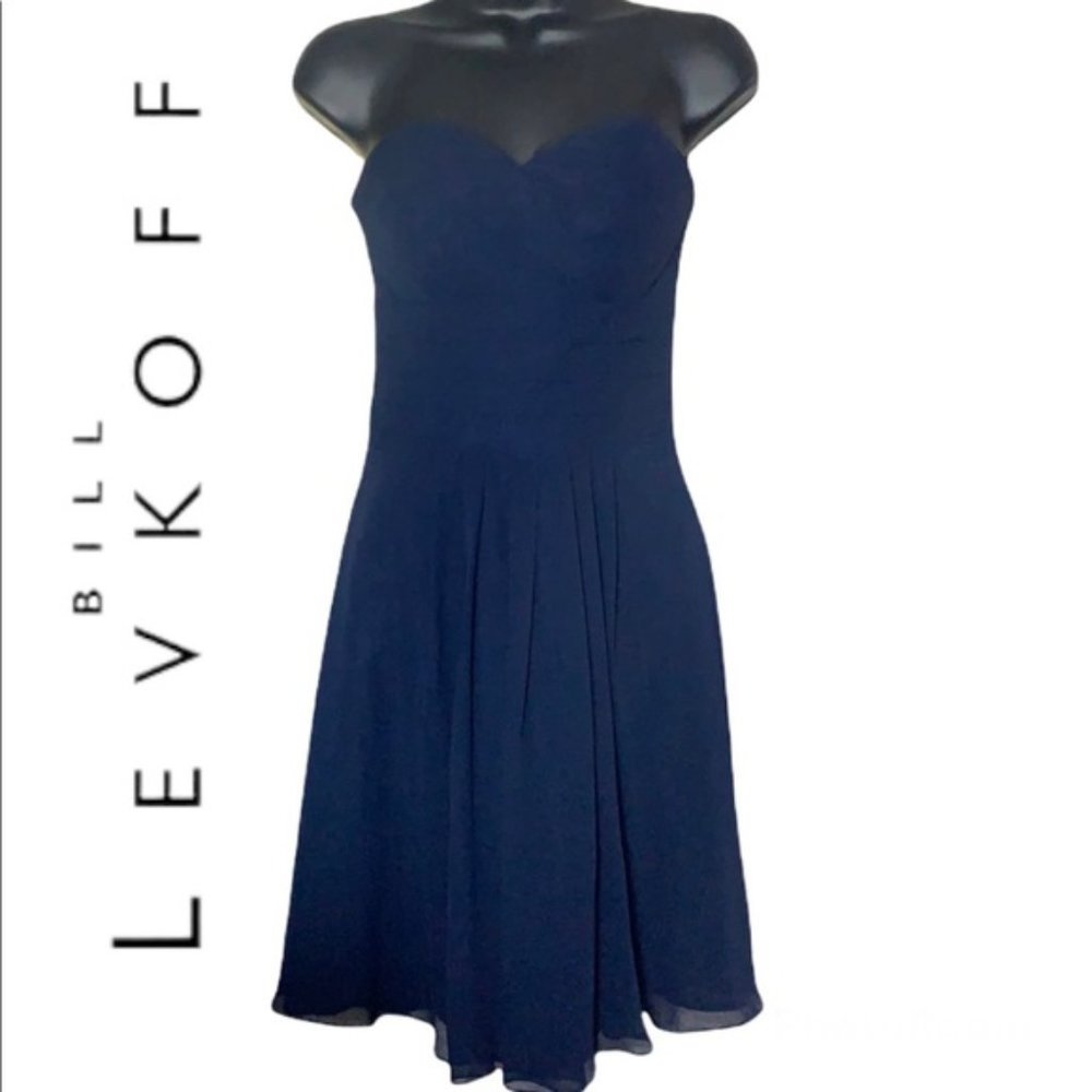 Bill Levkoff navy blue A-line strapless semi-sheer cocktail mini dress size 0